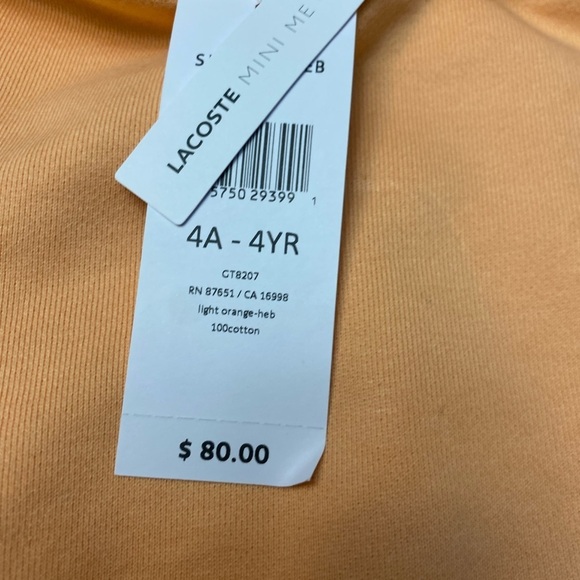 Lacoste Boys 4A 4YR Light Orange Hooded Sweatshirt NWT - Picture 3 of 5